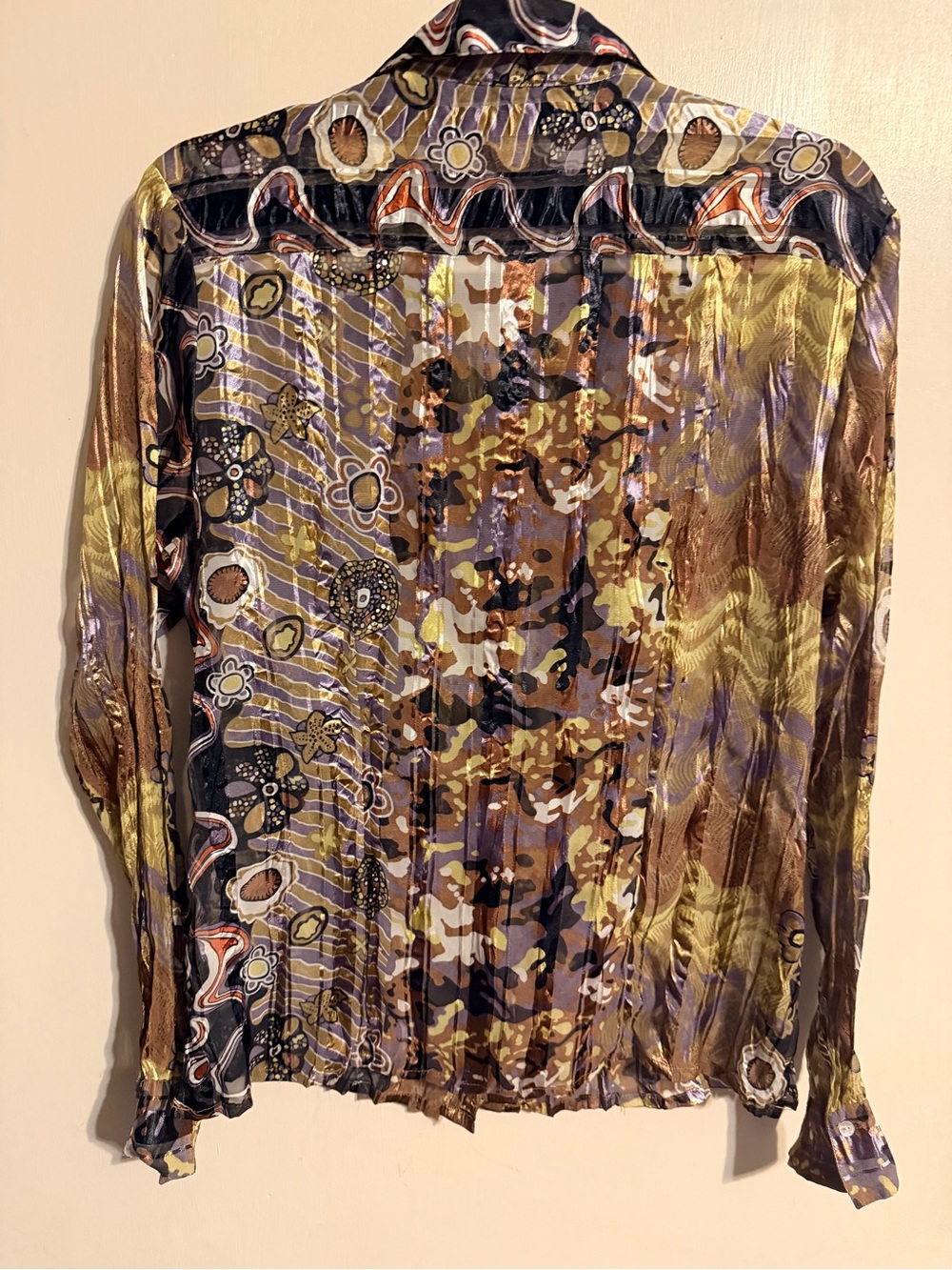 Metallic Abstract Sheer Button Up Blouse Y2K Artsy Euro Chic Top L - Picture 9 of 11